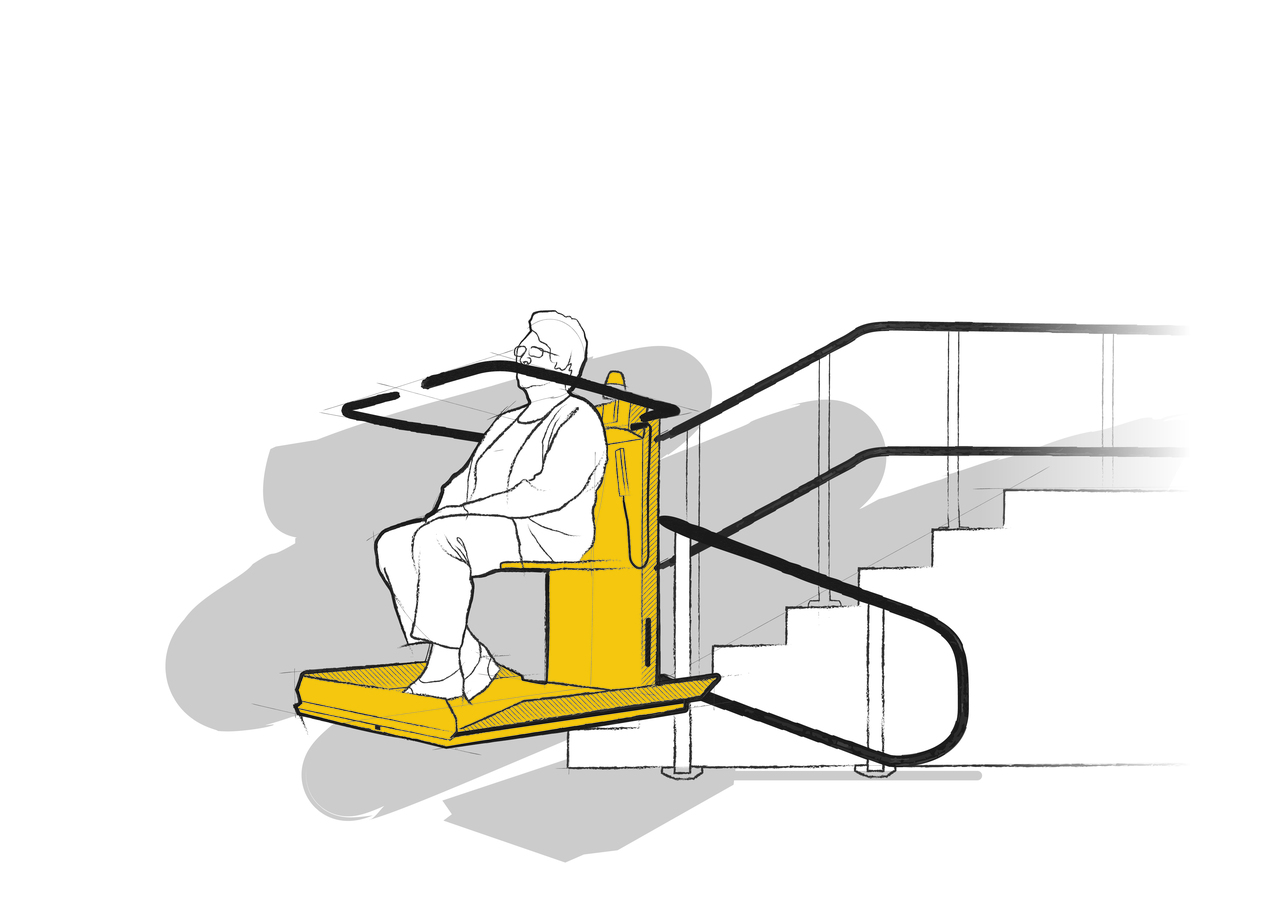 Ilustración mujer en salvaescaleras en curva