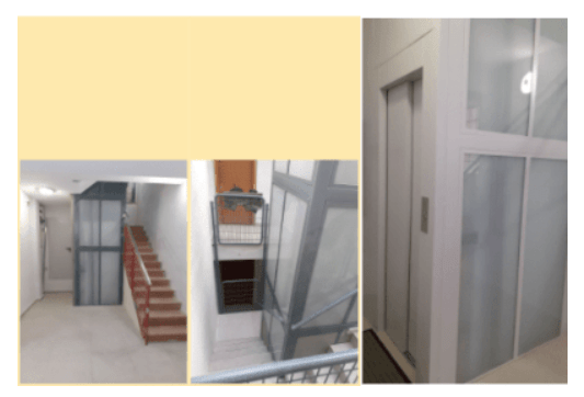 Nouvel ascenseur FAIN incorporé dans la cage d'escalier d'un immeuble.