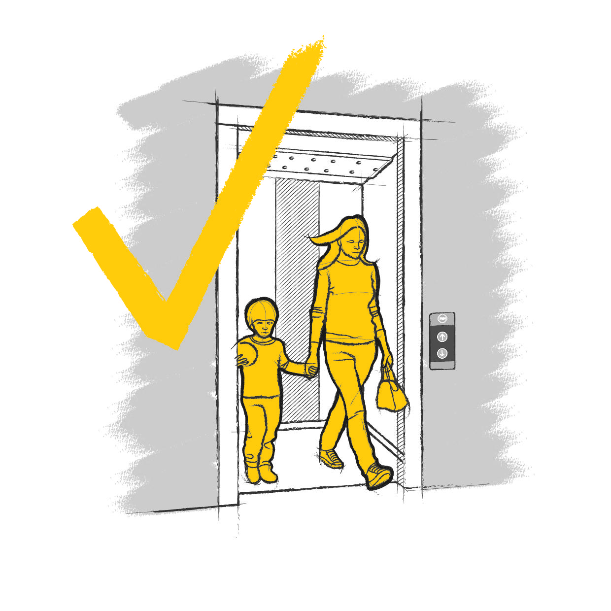 Dessin d'un enfant accompagné dans l'ascenseur