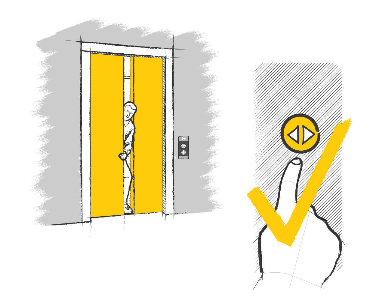 Illustratie van iemand die de deuren van een lift probeert te forceren